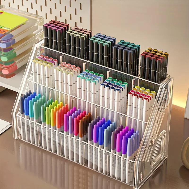 Large Capacity Acrylic Pen Holder Organizer with Multi-Compartment Storage, Desk Organizer for Pencils, Markers, School Supplies