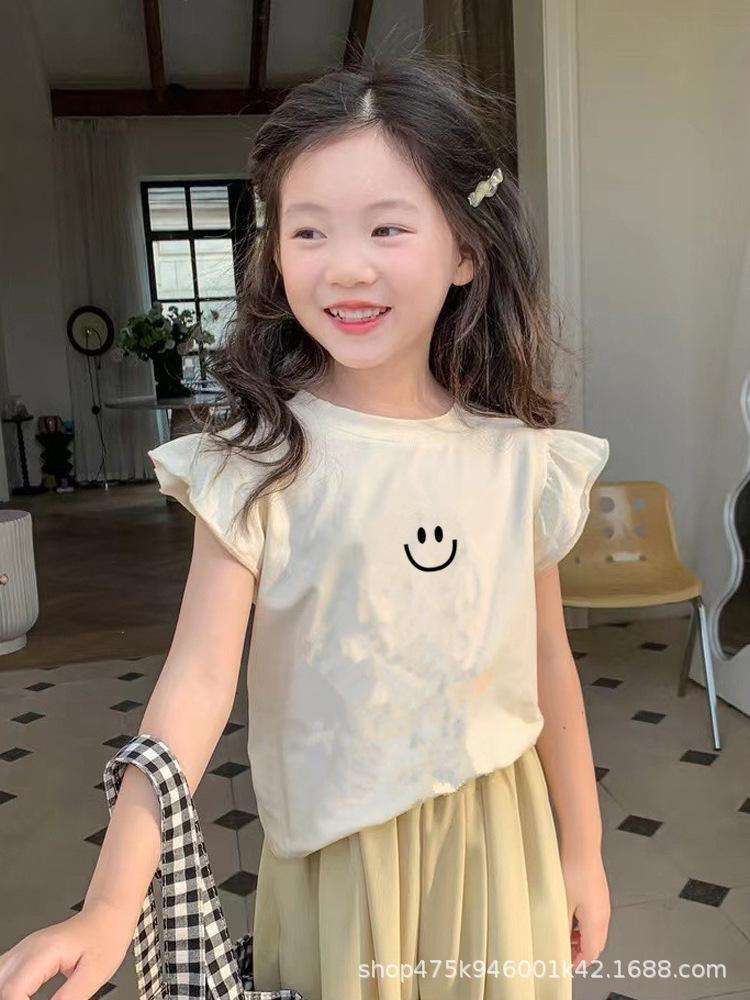 Girls Summer Cotton Slim Fit T Shirt Stylish Flutter Sleeve Thin Short Sleeve Top 90