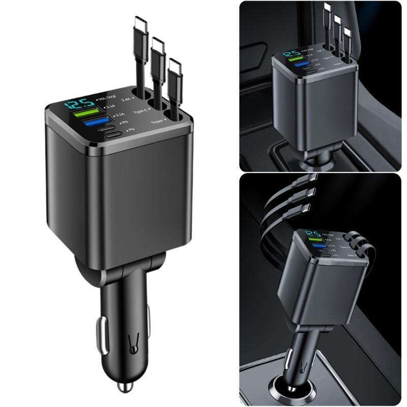 Small Car Charges Retractable 70cm Cable 3 Type C Ports 180 Degree Swivel Head Fast Charging Adapter for Mobile Devices