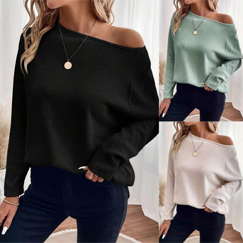 Women S Waffle Knit Off Shoulder Long Sleeve Pullover Top