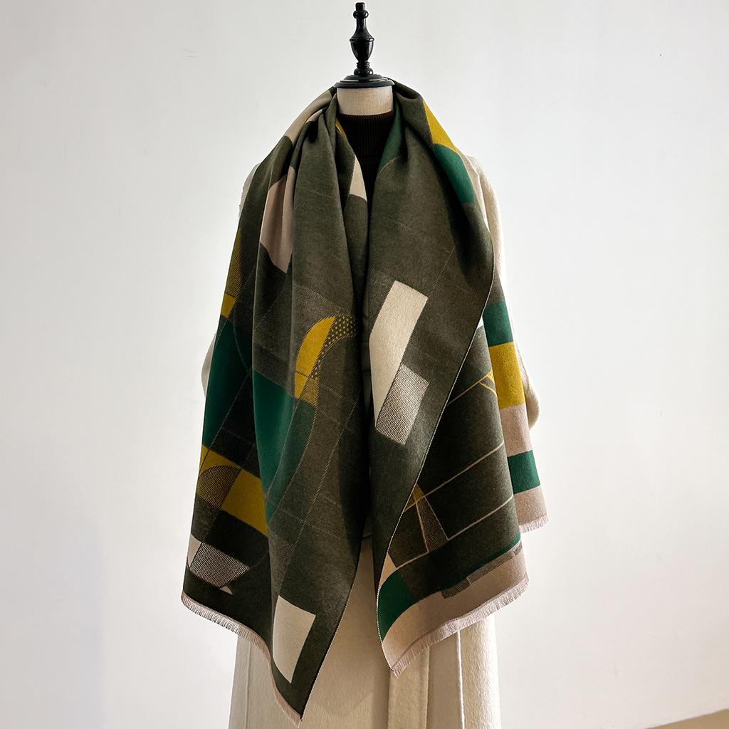 Luxuriöser Winterschal für Damen Faux-Kaschmir Warm Geometrischer Katzen-Print Pashmina Dick Weich Stola Wickeltuch Damenmarke Foulard Bufanda