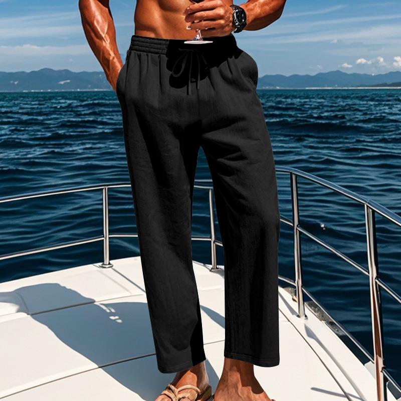 

Cotton and Linen Large Size Men s Pants Breathable and Sweat-absorbing Solid Color Trousers Basic Casual Wide-leg Trousers S чёрный