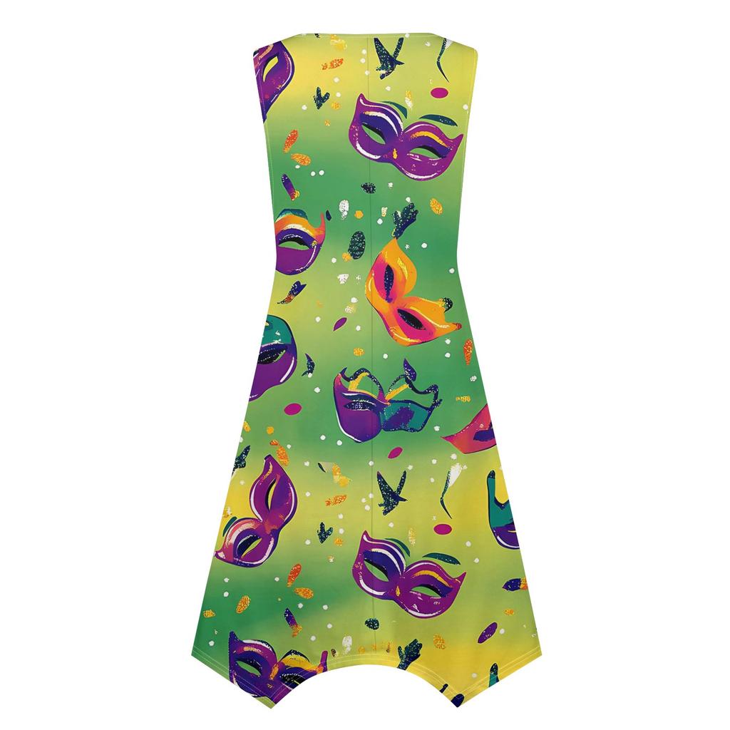 Dámská ležérní móda Midi šaty s kulatým výstřihem a potiskem bez rukávů s nepravidelným lemem