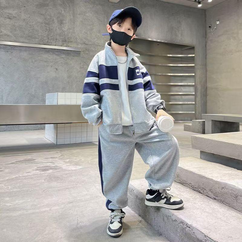 

Fashion Boys Clothing Set Spring Autumn Patchwork Zipper Coat Pants 2Pcs For 4-12 Years Kids Tracksuits Teenager Casual Outfits 170 сірий