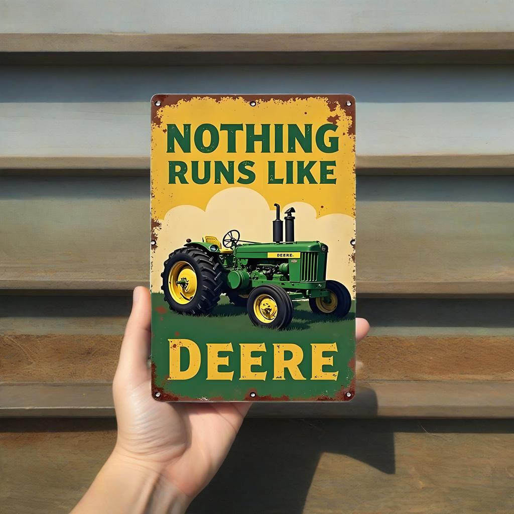 "GreenGold Vintage: John Deere Tractor Distressed Tin Sign | Iconic 'Nothing Runs Like Deere' Decor for Garage Shrines & Barns"