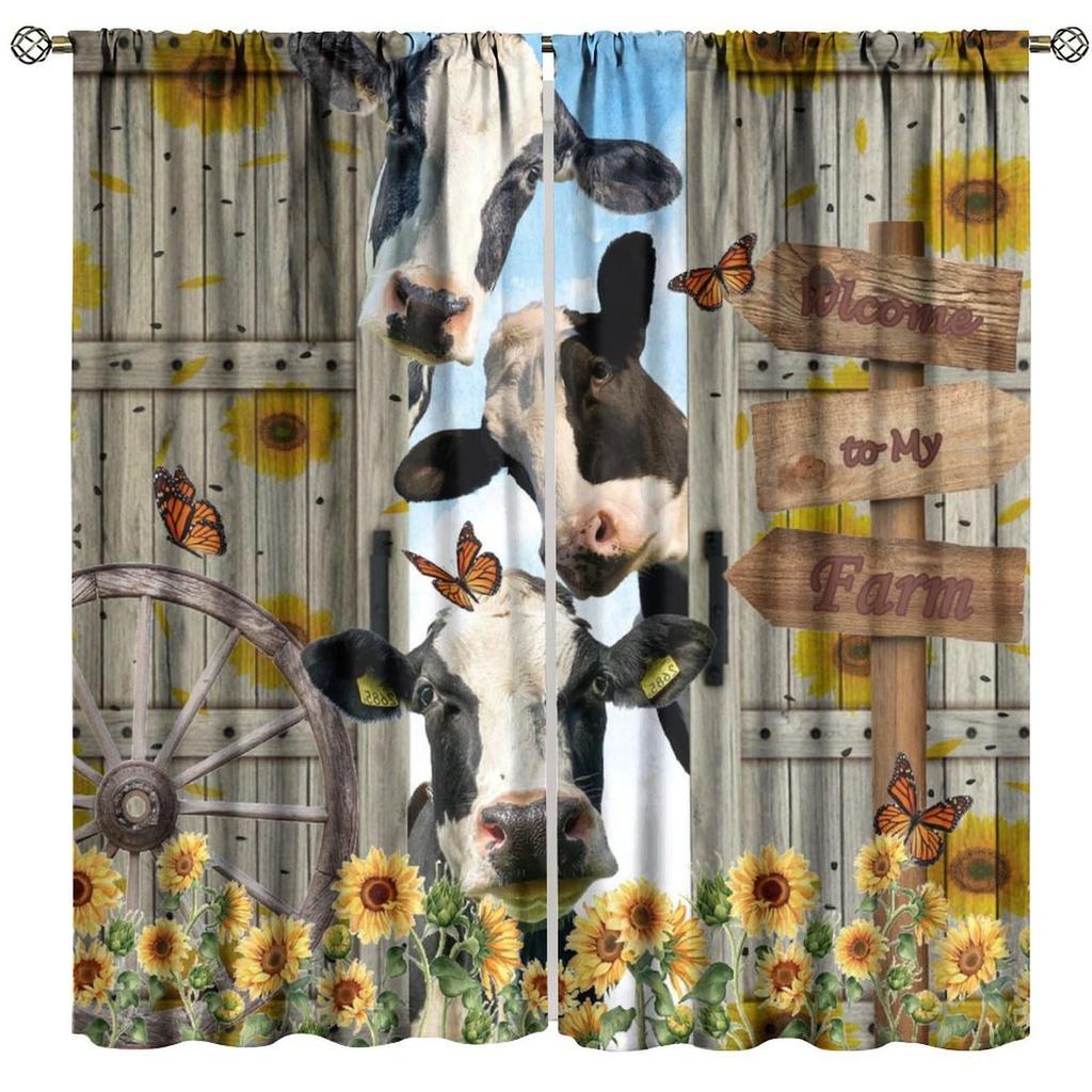 Farmhouse Cow Curtain Funny Animal Butterfly Sunflower Cow Curtains for Western Barn Door Printed Rod Pocket Window Treatments