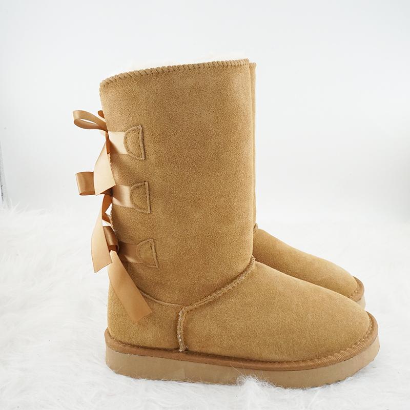 Novedad Invierno Pajarita Niña Botas Altas Cuero Genuino Mujer Botas de Nieve Botas de Felpa Gruesa Zapatos de Mujer Zapatos Cálidos