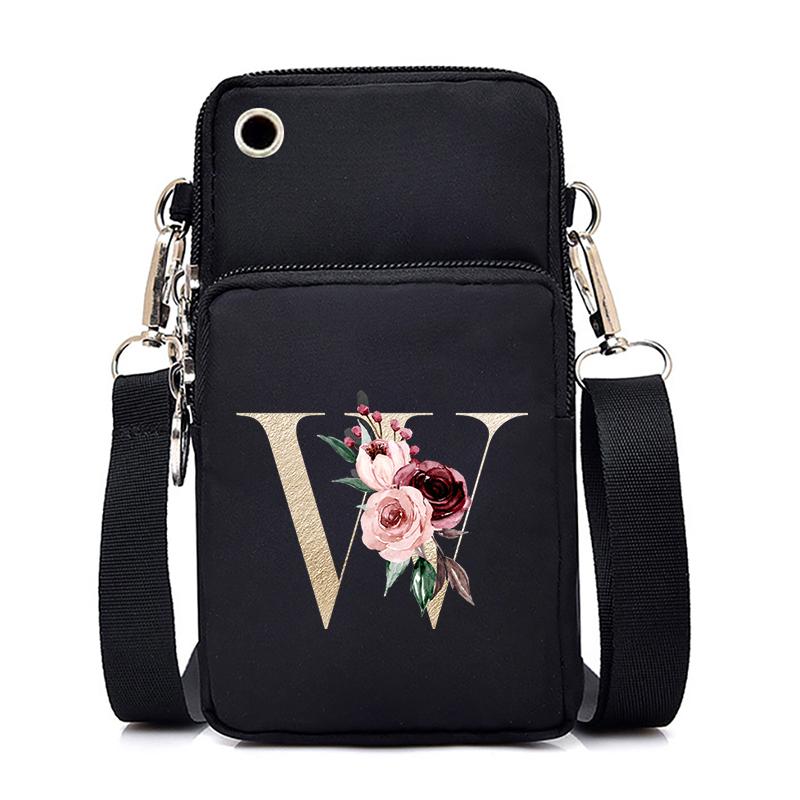 Gold Color Letters A B C D Mini Mobile Phone Bag Pink Flower Alphabet Vertical Handbag 26 Initials Flower Woman Purse Handbags