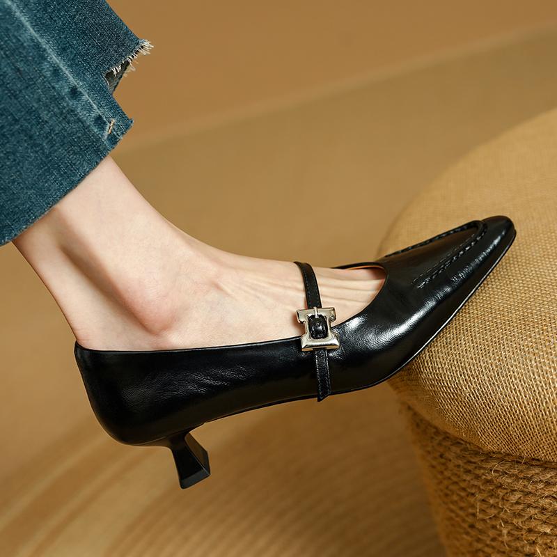 Fashion 2025 New Spring Women Pumps Genuine Leather Shoes for Women Square Toe Thin Heel Shoes Shallow Buckle Strap Mary Janes Shoes