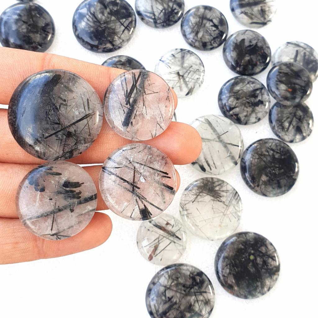 Black Rutilated Quartz Round Cabochons – Handcrafted Rutile Stone Lot Flat Back Polished Gemstone