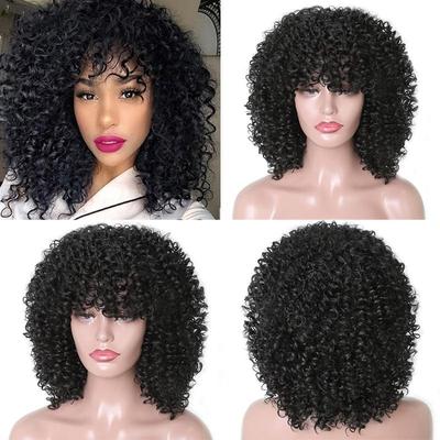 Kurzes Haar, schwarze, lockige Perücke mit Pony, schwarze Frauen, afrikanische Synthetikperücke, schwarz, kein Kleber, Cosplay-Perücke, hohe Temperatur
