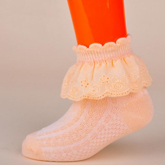 Kids Girls Fashion Solid Color Lace Trim Breathable Mesh Short Cotton Socks