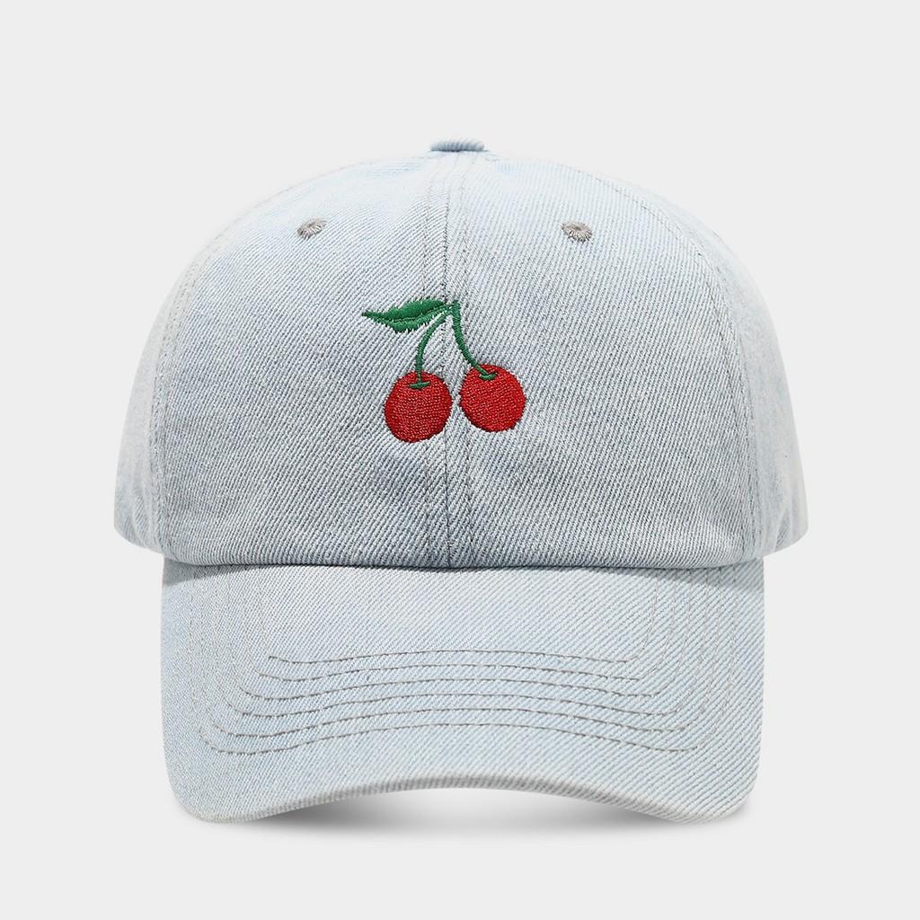 Cherry Embroidered Denim Baseball Cap For Women With Sun Protection And Breathability светло-синий