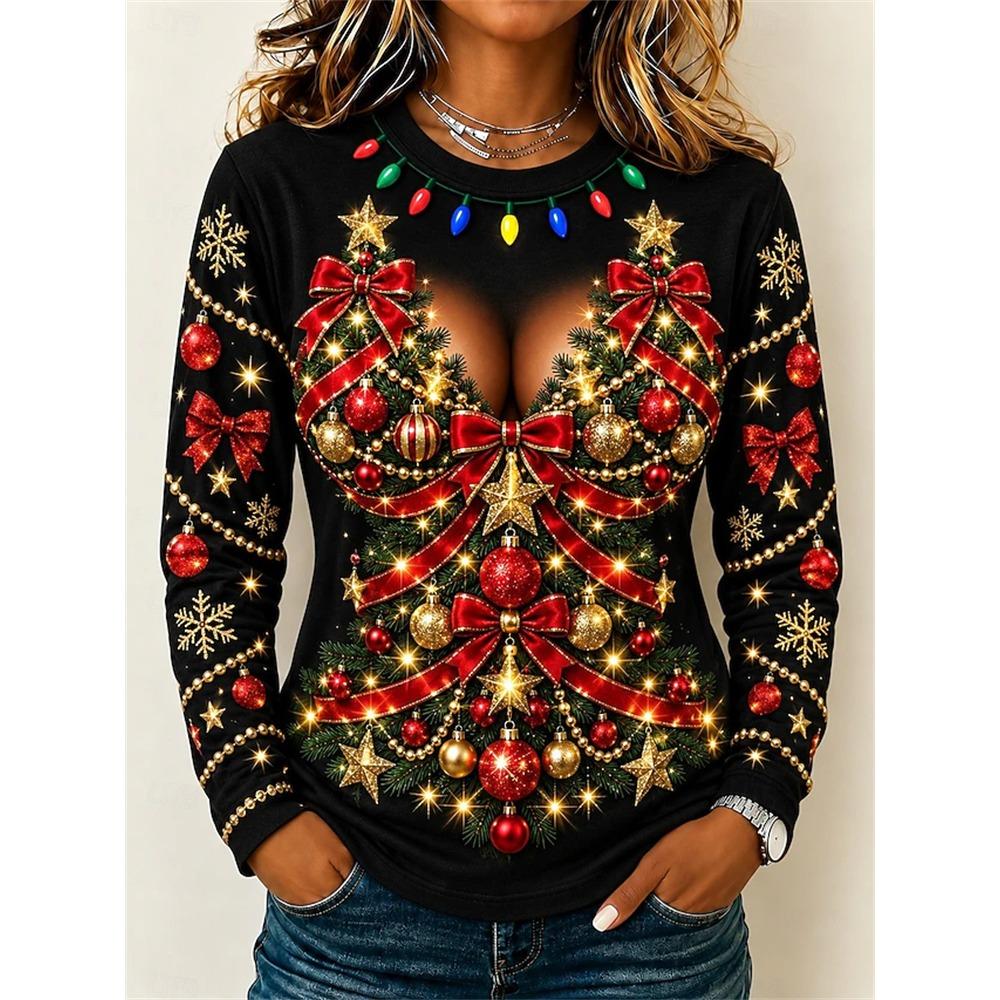 Women’s Long-Sleeve Christmas Pullover Crew Neck Sweatshirt with Christmas Tree and Gift Print Casual Top for Holiday Parties