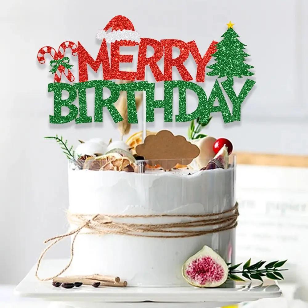 1PC Christmas Cake Holiday Birthday Cake Decor  Insert Red Merry Birthday Christmas Home Cake Plate Holiday Party Decorations