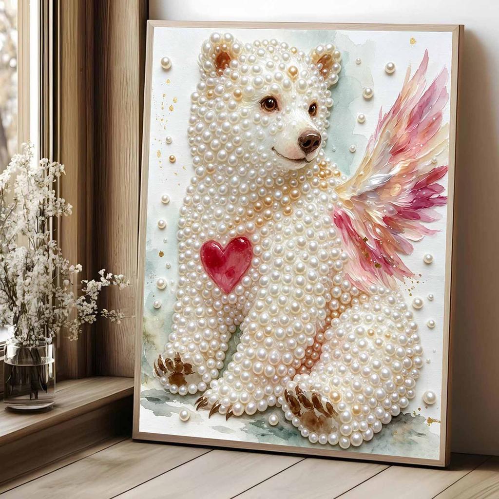 Relaxing DIY Pearl Painting Kit Framed with Winged Bear Heart Design 5D Sparkling Bead Canvas Craft for Girls Bedroom Decor Gift