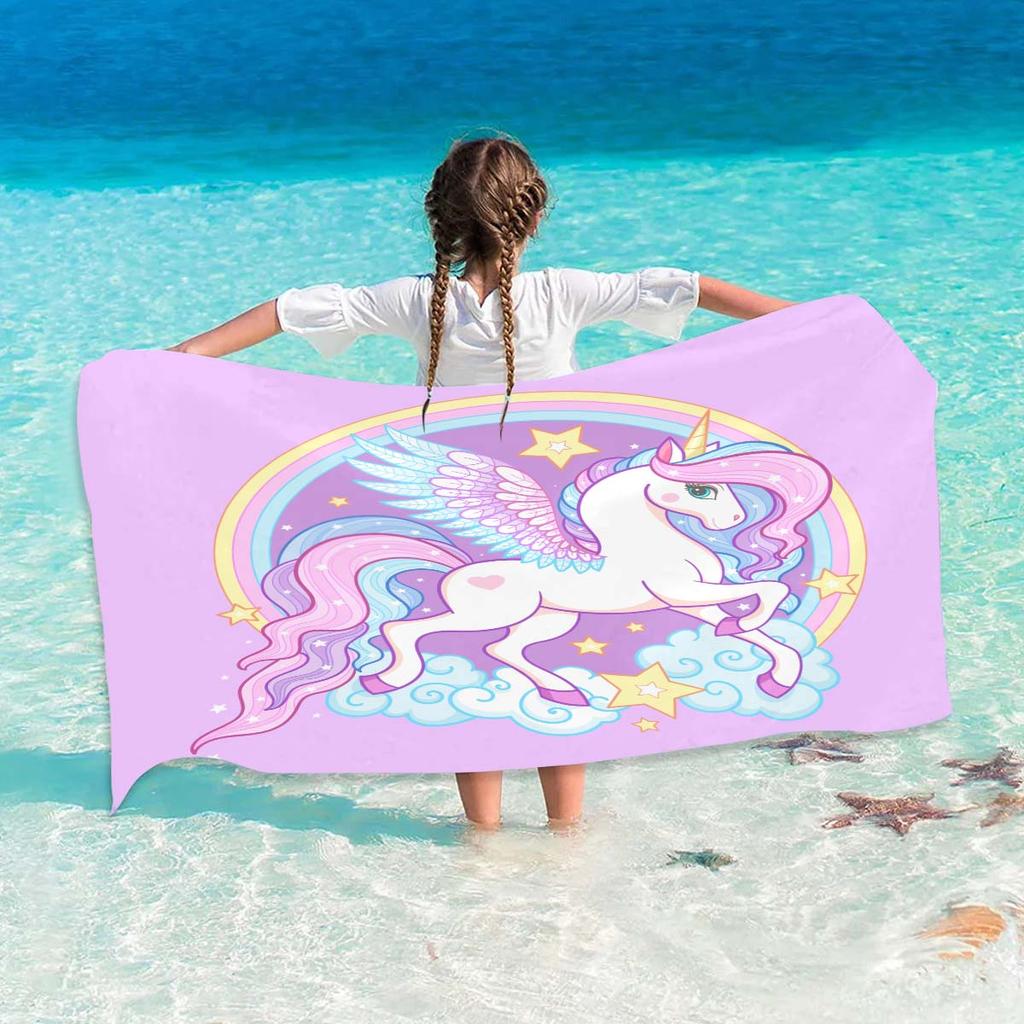 Name Custom Cartoon Beach Towel Cute Unicorn Soft Microfiber Travel Camp Towel Absorbent Quick-Drying Bath Towel Gift For Girl