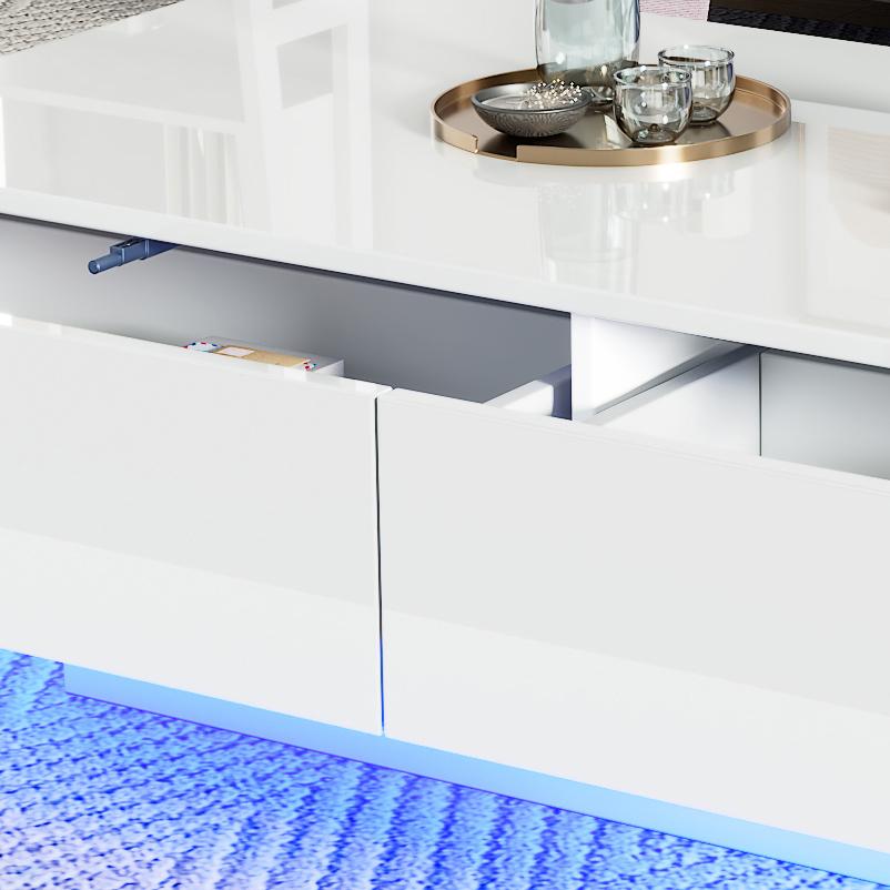 Modern High-Gloss Coffee Table in White, 115 x 55 x 34 cm, with 2 Drawers, LED Lighting and 30 kg Load Capacity – Elegant Living Room Table