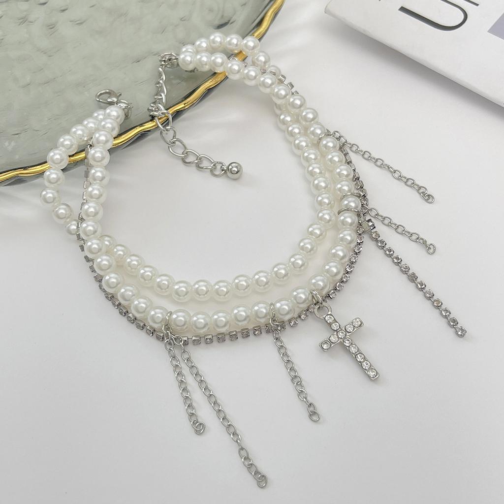 ins romantic Su chain pants anklet decoration, beaded imitation pearl diamond cross shortened foot decoration