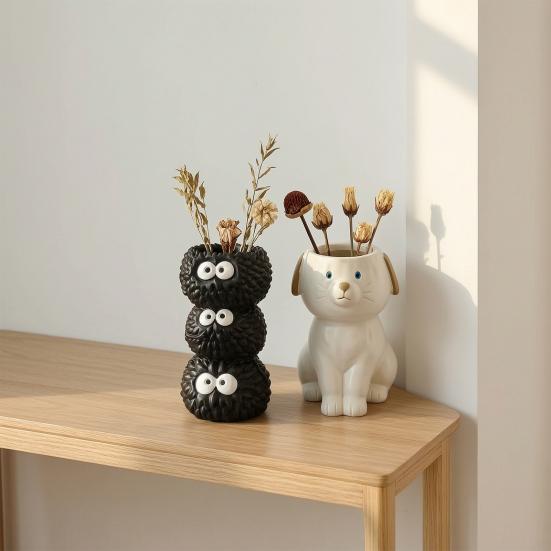 Cute Pet Shaped Flower Vase, Decorative Small Cat/Dog Resin Vase for Living Room, Bookshelf, Dining Table, Kitchen Decor