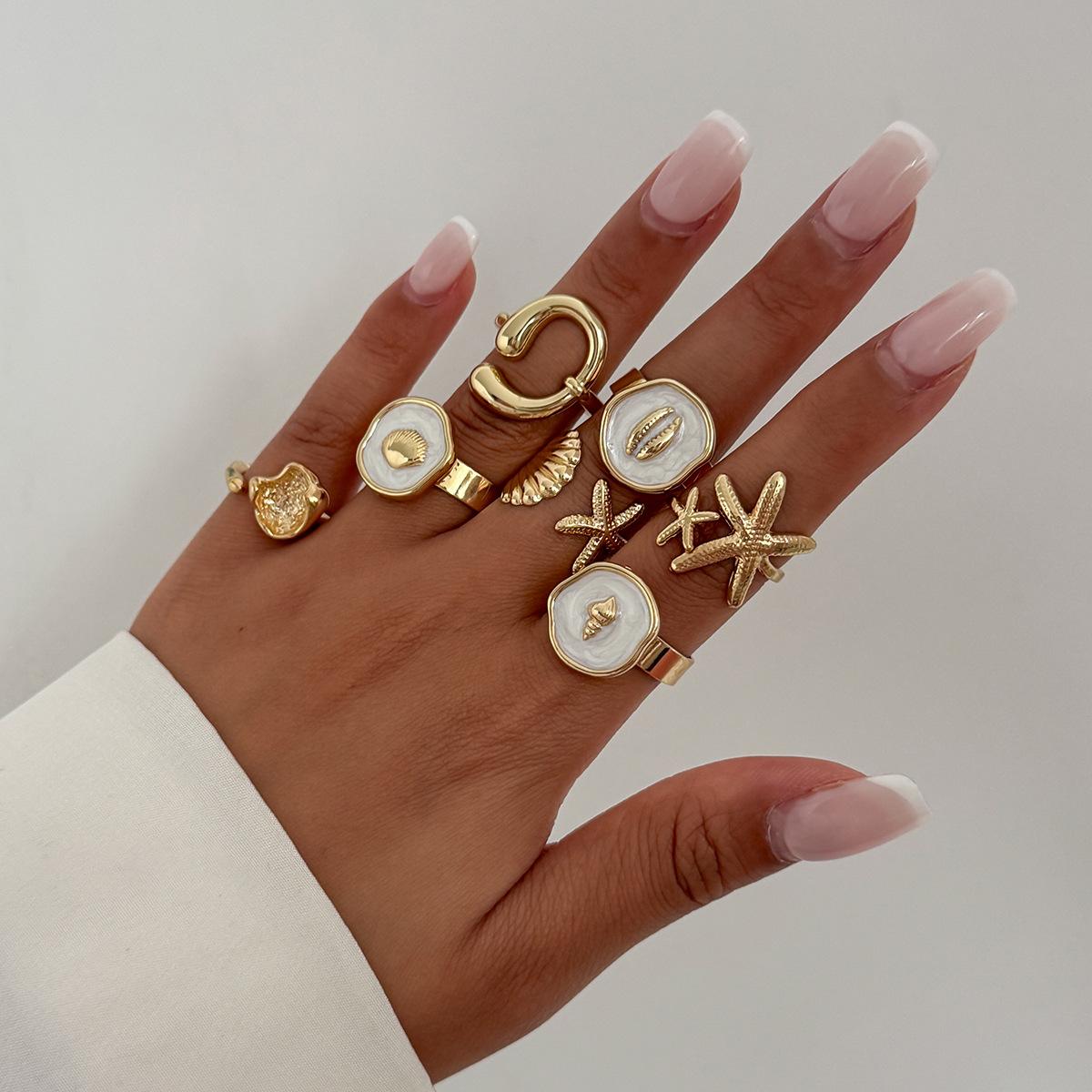 

Nautical Style Enamel Scallop Starfish Open Ring Adjustable Vacation Exquisite Jewelry For Women Beach Summer Fashion Accessory
