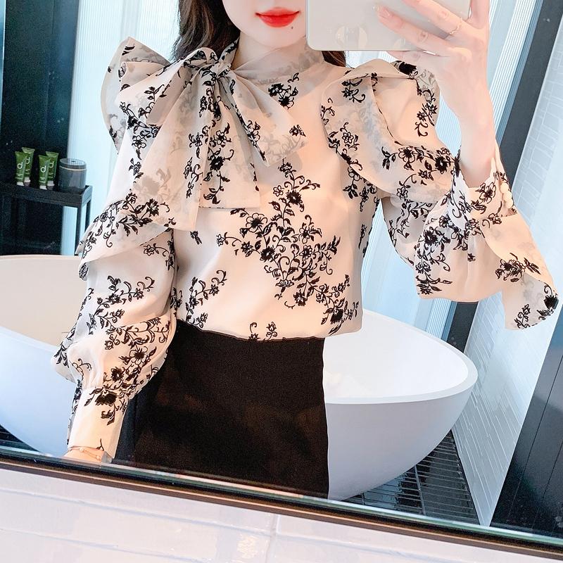 Fashion New 2024 Autumn Ruffles Long Sleeve Bow Collar Print Chiffon Blouse Shirt Women Tops Blouses Shirts J467