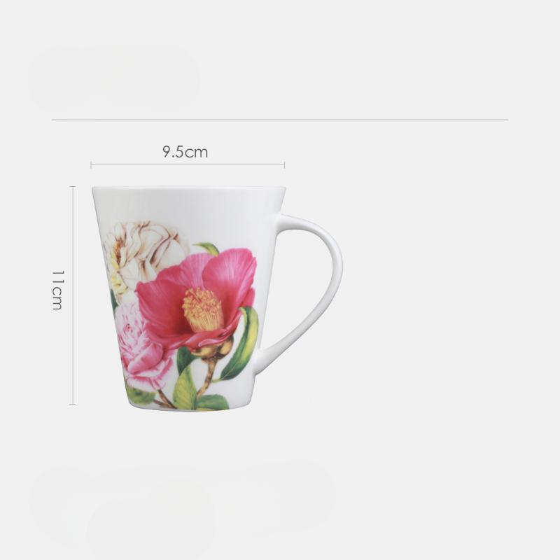 V Style Porcelain Mug 450ml, Fine Bone China Tea Cup Coffee Cup, Camellia Flowers Pattern Coffee Mug for Cappuccino ,ceramic Tea Sets