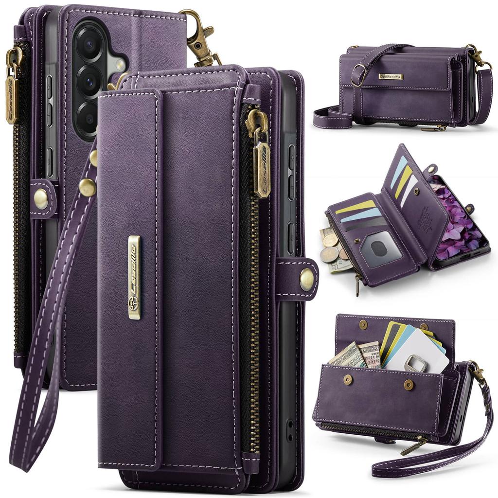 For Samsung Galaxy A57 Wallet Case PU Leather Flip Cover RFID Blocking Zipper Card Holder Slots Kickstand Wrist Strap Case