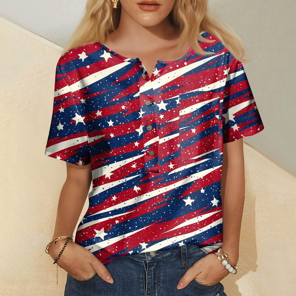 Modna damska bluzka z krótkim rękawem i nadrukiem, okrągłym dekoltem