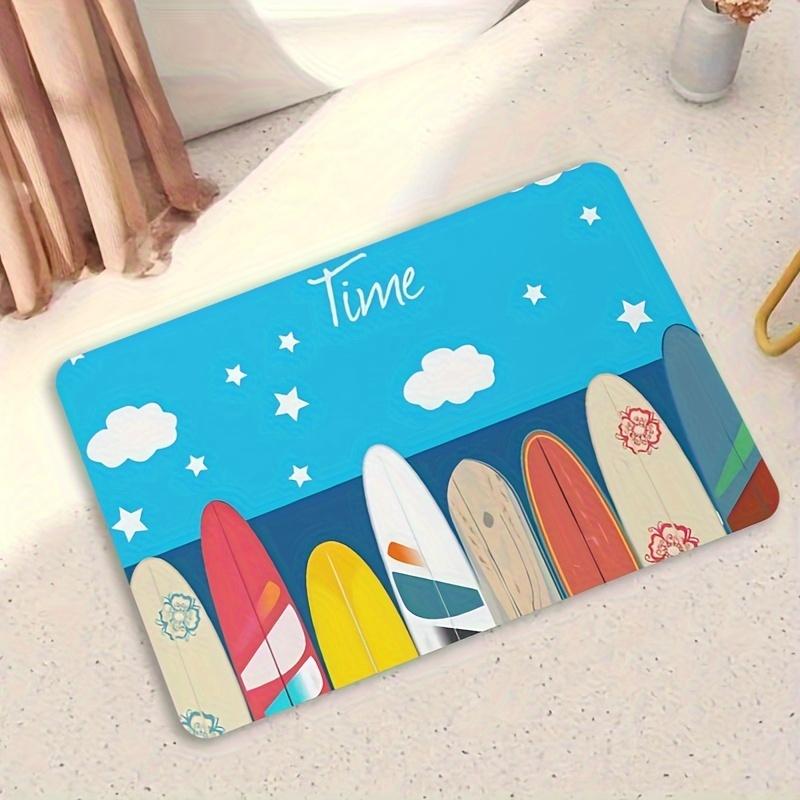 

Surfboard Doormat – Blue Sky with Clouds 6 Colorful Boards, “Time” Text, Flannel Non-Slip, Machine Washable, Entryway Bathroom 40cm x 60cm
