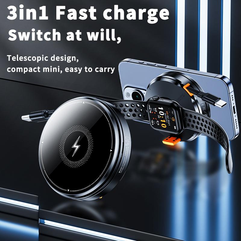 Foldable 3-in-1 MagSafe Wireless Charger Dock for iPhone 16/15 Watch AirPods - Magnetic 15W Fast Charging Stand