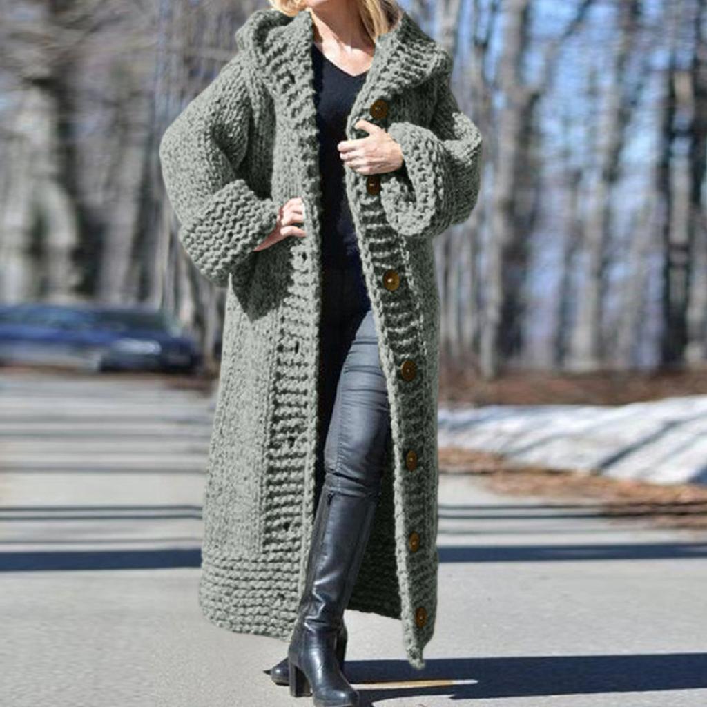 Cardigan con cappuccio da donna a tinta unita, vestibilità larga, lunghezza lunga, con bottoni a monopetto