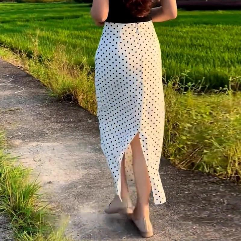 Women's 2025 Summer White Polka Dot High-Waisted Slit Skirt - Versatile & Slimming Style