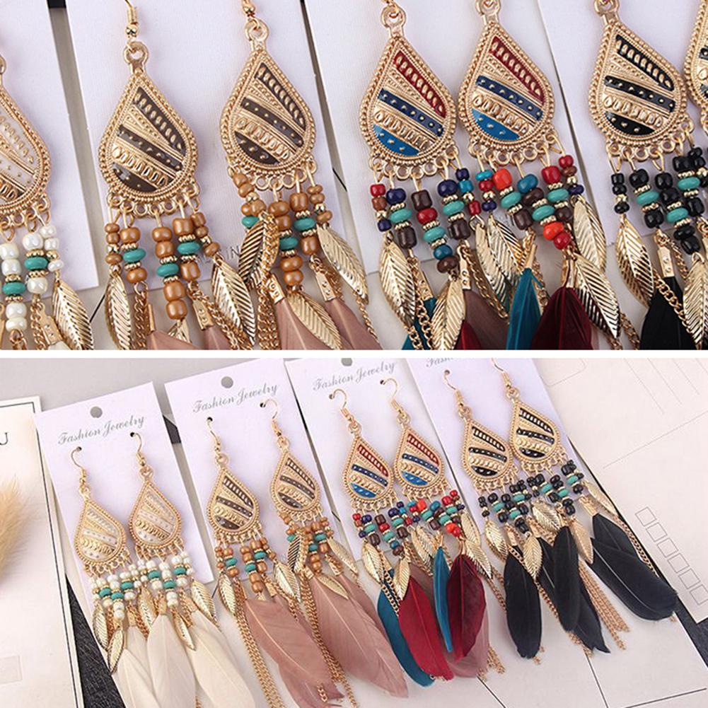 Vintage Elegant Long Pendant Dangle Hook Feather Earrings Women Jewelry Gift