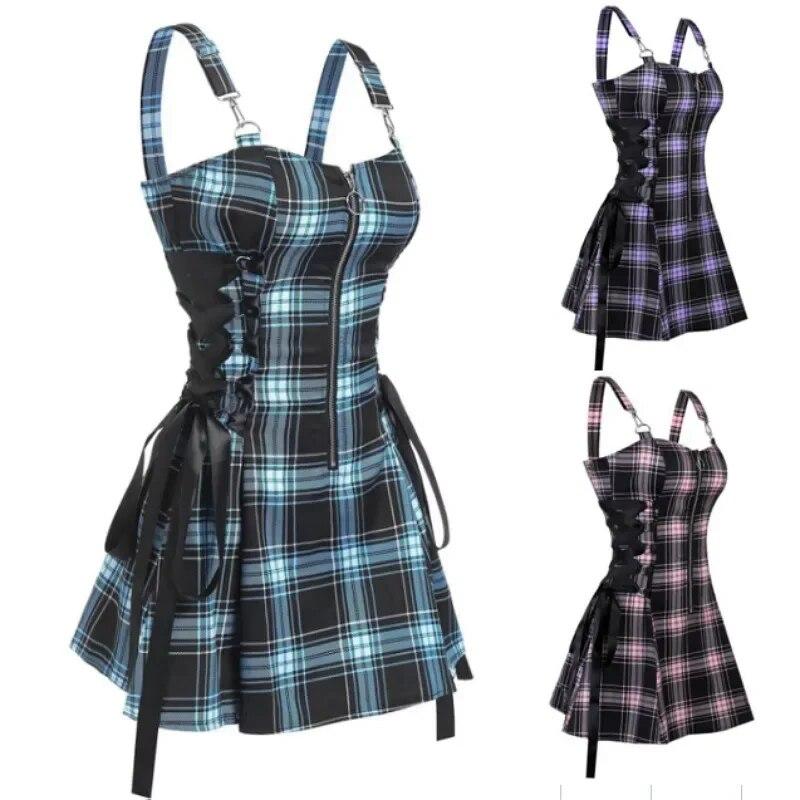 Abito Mini Vintage Punk Harajuku Lolita Gotico a Quadri con Lacci Y2K Zip Sexy A-Line Quotidiano da Donna Senza Maniche Streetwear