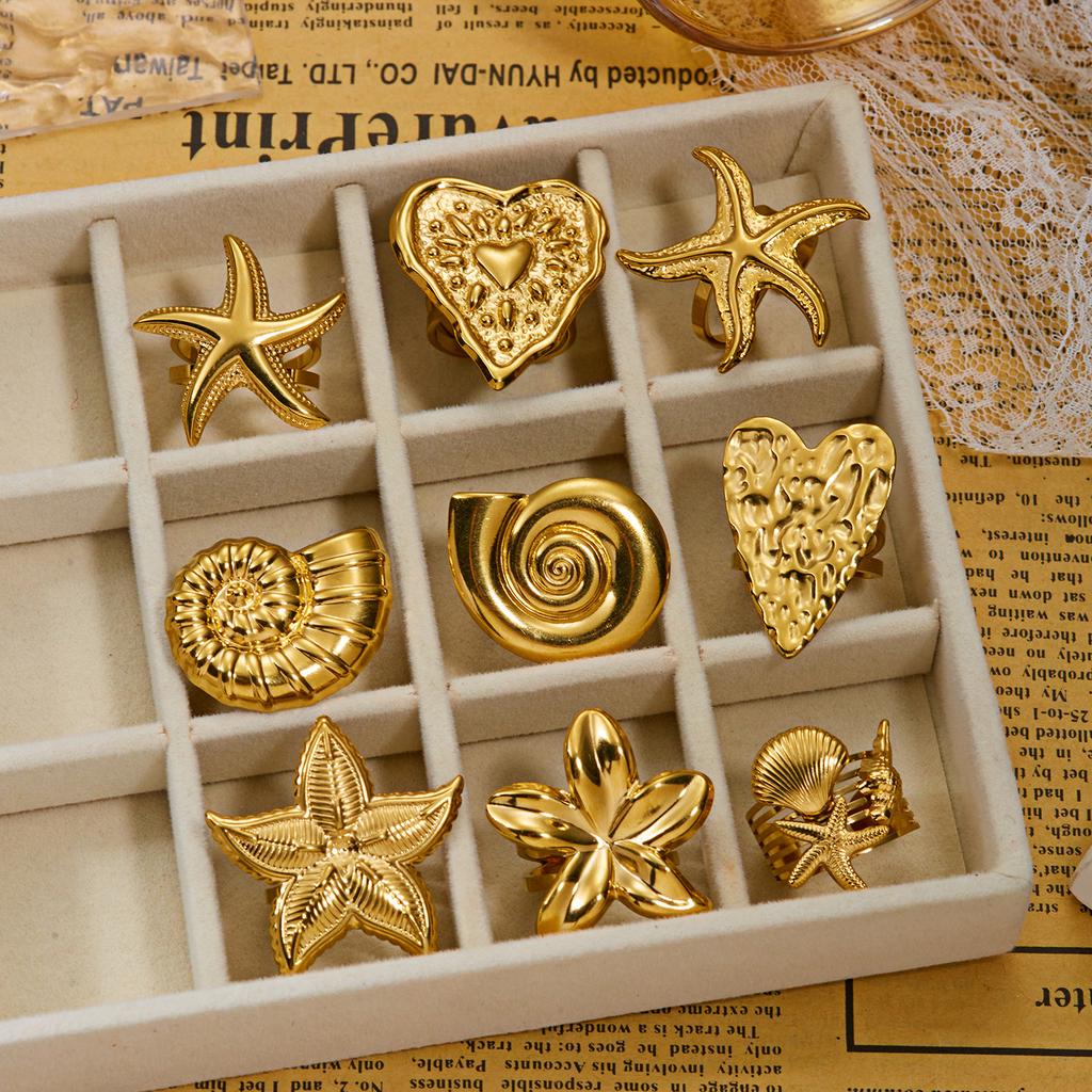 Exaggerated Geometric Heart Open Ring for Women Stainless Steel Gold Plated Starfish Conch Ring Summer Party Jewelry Gifts