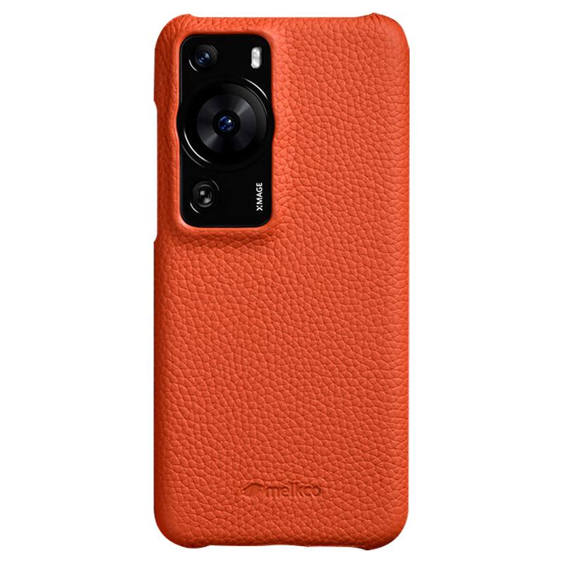 

MELKCO Drop Protection Cover for Huawei P60/P60 Pro Genuine Cow Leather Coated PC Incomplete Phone Case Orange