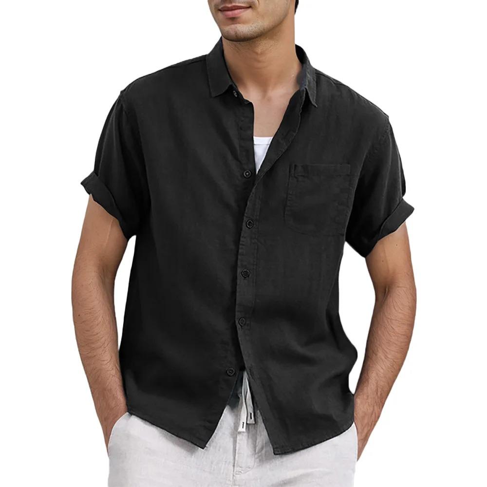 Sommer Neues Herren Umlegekragenhemd Einfarbig Baumwolle Leinen Leicht Atmungsaktiv Lässige Kurzarmhemden