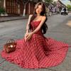 Unique and Beautiful Red Plaid Suspender Dress Summer Seaside Vacation Waist Slim Mesh Dress
