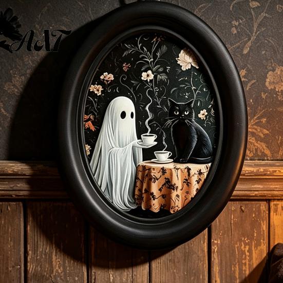 Lightweight Ghost Wall Hanging Halloween Art, Cute Table Sign, Vintage Oval Framed Art Picture, Decorative for Mantel Living Room Bedroom Decor