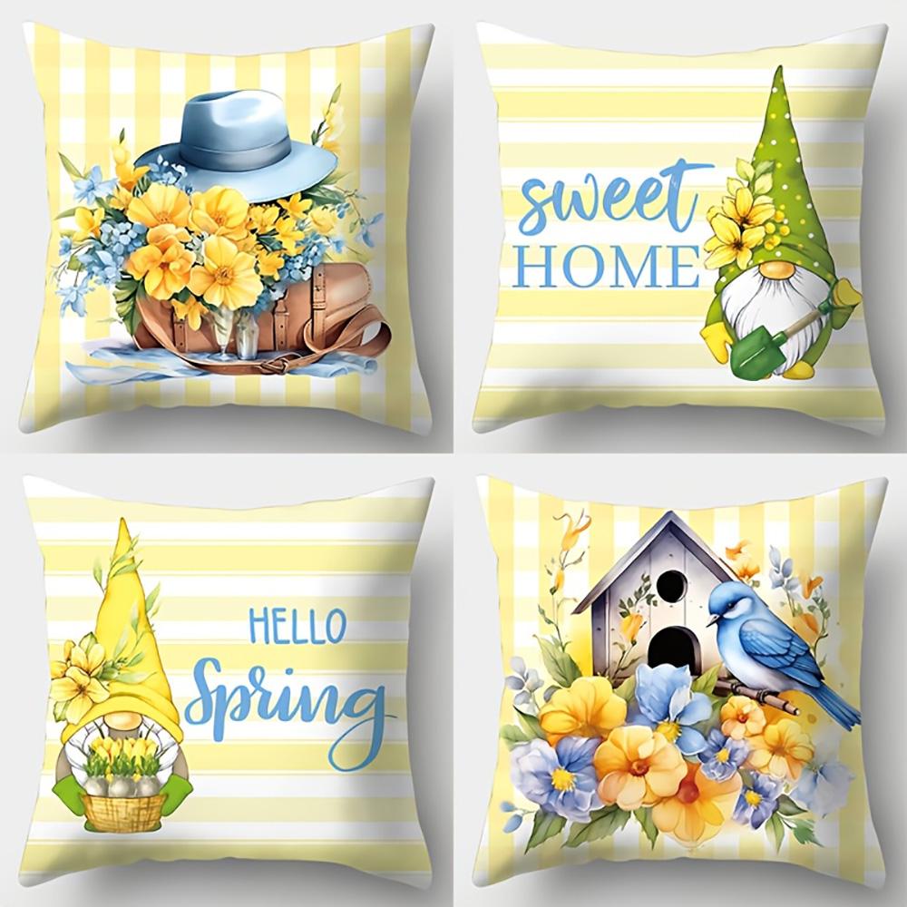 1/4pcs Floral and Gnome Patterned Pillowcases Sweet Home Hello Spring Decor Sofa Cushion Cover Home Bedroom Room Decoration