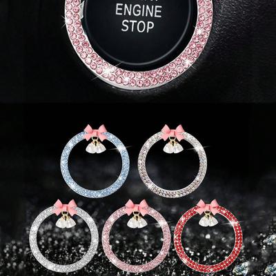 1pc Car One Click Start Decoration Sticker Interior Button Inlaid with Diamond Bow Crystal Bell Pendant Ignition Ring