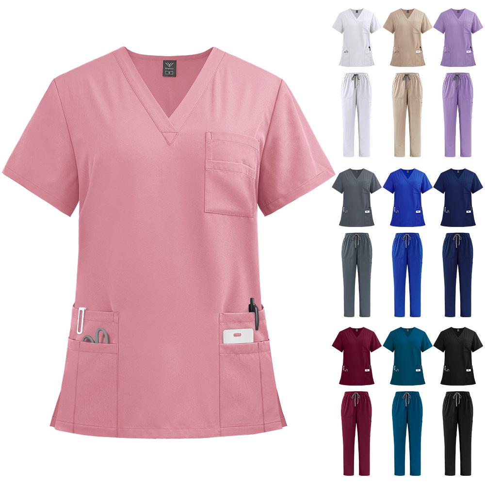Unisex V-Neck Medical Work Scrub Suit with Pockets and Straight-Leg Pants