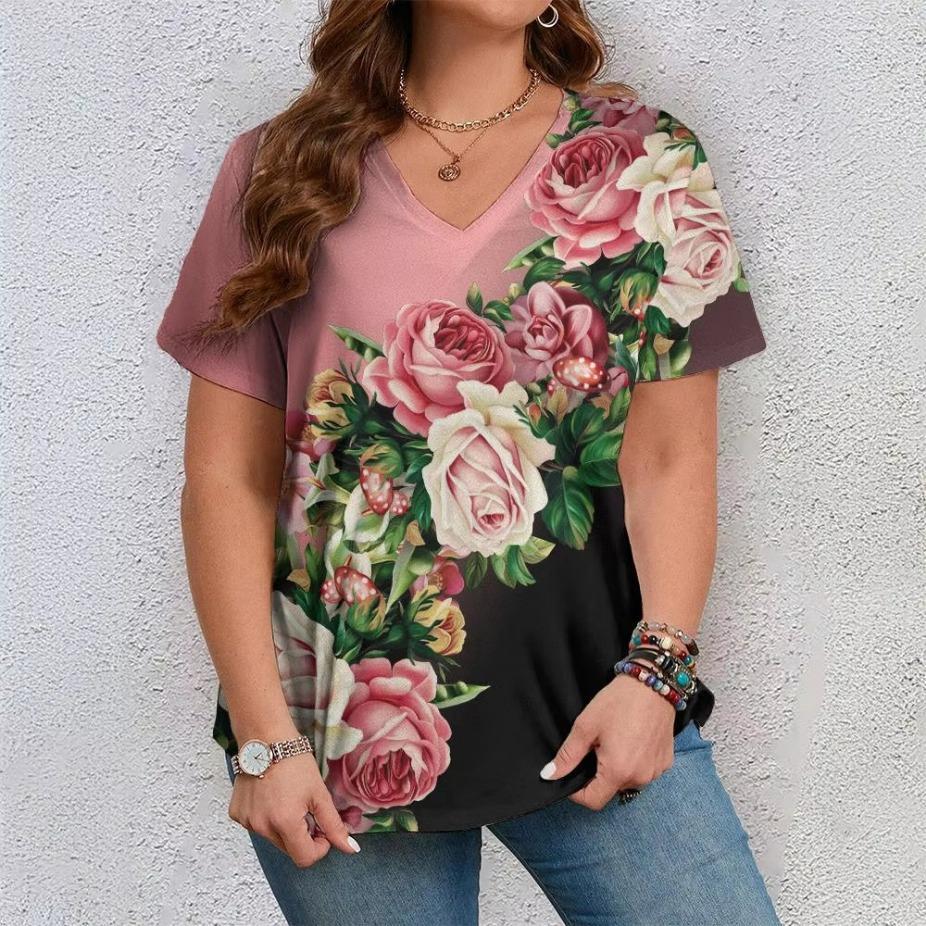 Lässiger Vielseitiger Modetrend Hochwertiges Blumenmuster Kurzärmeliges V-Ausschnitt T-Shirt