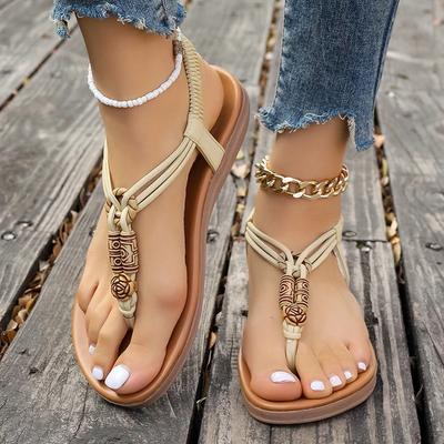 Bohemian Style Women's Beaded Flat Sandals Casual Clip Toe Soft Sole Beach Shoes Woman Lightweight Elastic Band Summer Sandals