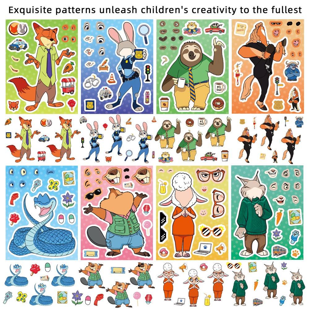 8Sheets Zootopia Judy Nick Make A Face Puzzle Stickers Kids Make Your Own Diy Game Children Jigsaw Education Toys