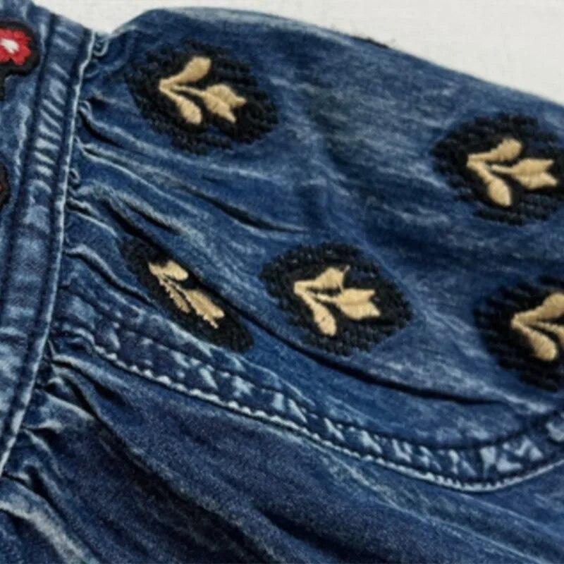 Johnature Retro Kapesní Zařízení Bavlna Ležérní Jednobarevné Áčkové Šaty Poloviční Rukáv Výstřih do V Volný Vintage Styl Výšivka Šaty