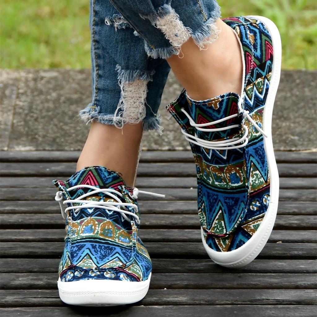 Women's Ethnic Geometric Pattern Lace-Up Slip-On Loafers - Breathable Fabric Round Toe Casual Boat Shoes with TPR Sole