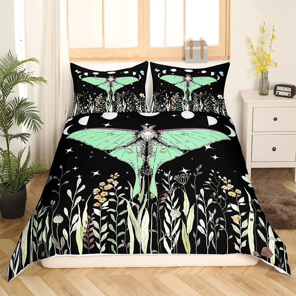 Death Moth Flowers King Queen Bedding Set Leaves Sun Moon Duvet Cover Gothic Animal Floral Comforter Cover Polyester Quilt Cover