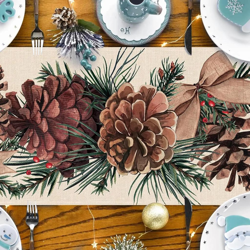 Christmas Pine Cone Pine Needle Branch Berry Linen Table Runner for Table Decor Winter Xmas Table Runners Christmas Decorations